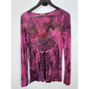 Daniel Benjamin Top Women M Pink Angel Graphic Long Sleeve Y2K Gothic Celestial